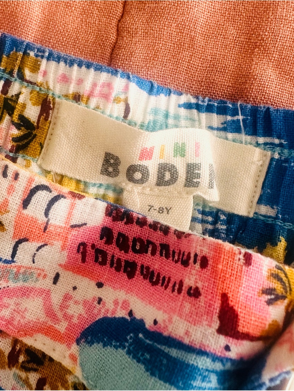 Mini Boden Girls Colorful Abstract Print Dress in Coral, Pink & Blue